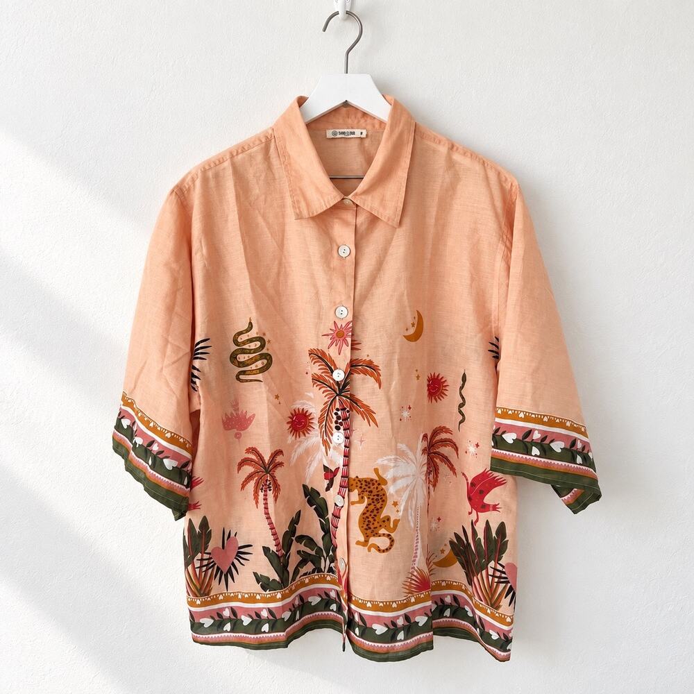 Sand Cloud Tropical Jungle Border Print Button Up Shirt M Boho Resort Cotton